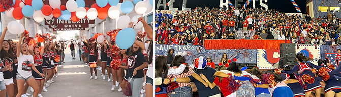 Students welcoming under balloons and spirited students in football stadium